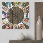 Anpassningsbar 12 Fotokollage Rustic Mörk Wood Fyrkantig Klocka<br><div class="desc">Skapa din egen unika väggklocka med 12 av dina favoritfoton. Fotomallen ställs in med redot att du lägger till bilderna medsols uppifrån. Den här attraktiva, mörk trädesignen har vita siffror och kommer att se underbar ut med modern, rustisk och lantbrukare. För den här designen blir kvadratiska bilder och foton från...</div>