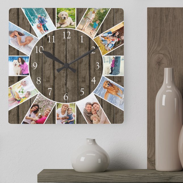 Anpassningsbar 12 Fotokollage Rustic Mörk Wood Fyrkantig Klocka (Photo clock with 12 photos, one at each hour. Great design for your home or a thoughtful photo gift.)