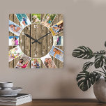 Anpassningsbar 12 Fotokollage Rustic Natural Wood Fyrkantig Klocka<br><div class="desc">Skapa din egen unika väggklocka med 12 av dina favoritfoton. Fotomallen ställs in med redot att du lägger till bilderna medsols uppifrån. Denna attraktiva, naturliga trädesign har vita nummer och kommer att se underbar ut med modern, rustik och jordbruksfastighet. För den här designen blir kvadratiska bilder och foton från porträtt...</div>
