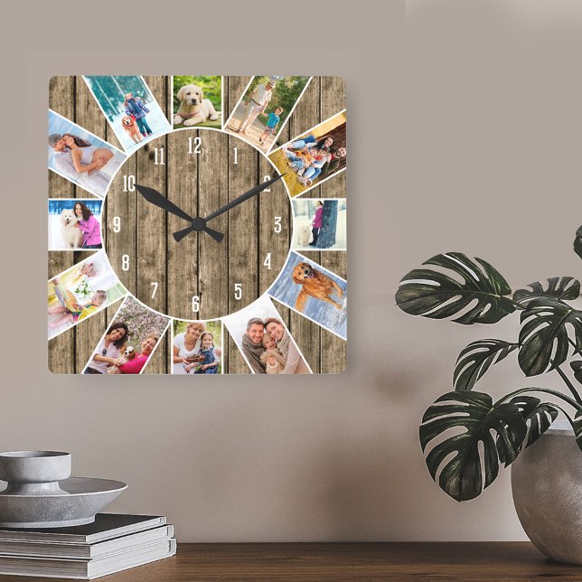 Anpassningsbar 12 Fotokollage Rustic Natural Wood Fyrkantig Klocka (Rustic sunburst of friends and family pictures around the clock)