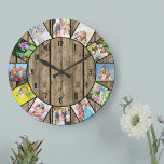 Anpassningsbar 12 Fotokollage Rustic Natural Wood  Stor Klocka<br><div class="desc">Skapa din egen unika väggklocka. Fotomallen är ett redo som du kan använda för att lägga till 12 av dina favoritfoton. Lägg till att bilderna arbetar medsols från toppen och växla runt dem för att få det utseende du vill ha. Den här naturliga trädesignen har svarta siffror och kommer att...</div>