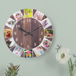 Anpassningsbar 12 Fotokollage Warm Wood Round Stor Klocka<br><div class="desc">Personlig fotoklocka med egna favoritfoton. Fotomallen är ett redo som du kan använda för att lägga till 12 av bilderna medurs uppifrån. Denna varma brun trädesign har vita siffror och kommer att se underbarare ut med traditionell trädeka och land. För den här designen är det särskilt lätt att använda foton...</div>