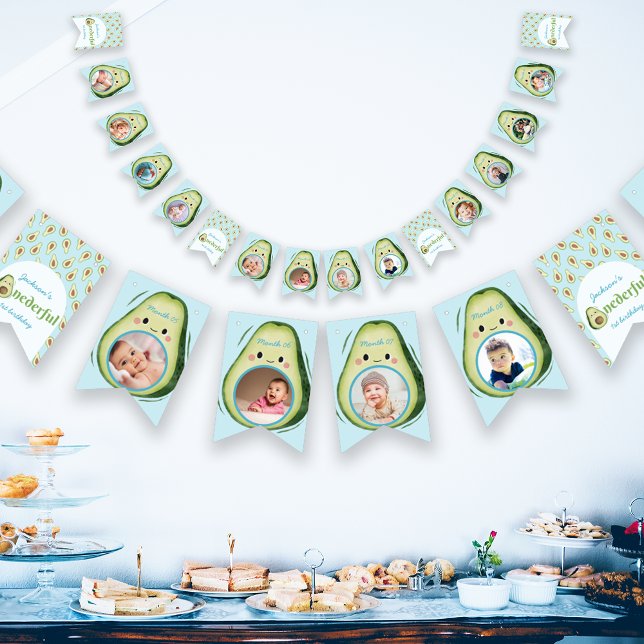 Anpassningsbar 12 Foton - nederfull Avocado 1:a fö Vimplar (Custom 12 Photos Onederful Avocado 1st Birthday Bunting Flags)