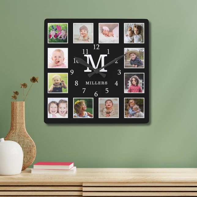 Anpassningsbar 12 Photo Collage Family Namn Monogr Fyrkantig Klocka (Custom 12 Photo Collage Family Name Monogram Black Square Wall Clock)