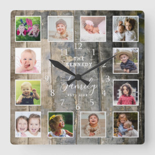 Anpassningsbar 12 Photo Collage Family Namn Nedfl Fyrkantig Klocka
