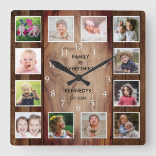 Anpassningsbar 12 Photo Collage Family Quote Brown Fyrkantig Klocka
