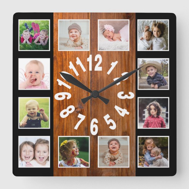 Anpassningsbar 12 Photo Collage Rustic Brown Wood  Fyrkantig Klocka (Framsida)