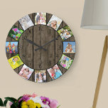 Anpassningsbar 12 Photo Collage Rustic Mörk Wood R Stor Klocka<br><div class="desc">Skapa din egen unika väggklocka. Fotomallen är konfigurerad så att du kan lägga till 12 av dina favoritfoton i redot. Lägg till att bilderna arbetar medsols från överkanten och växla runt dem för att få det utseende du vill ha. Träets mörk-utseende har svarta siffror och kommer att se underbar ut...</div>