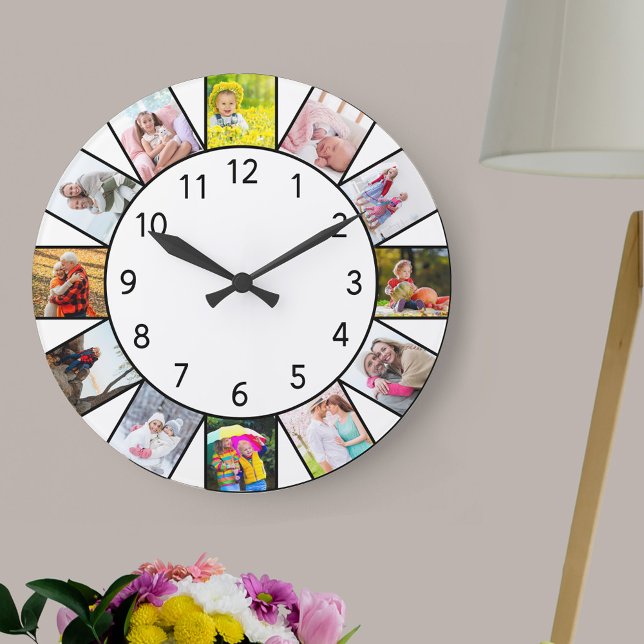 Anpassningsbar 12 Photo Collage White Round Stor Klocka (Photo clock with 12 photos, one at each hour. Great design for your home or a thoughtful photo gift.)