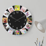 Anpassningsbar 12 Svart fotokollage-runda Stor Klocka<br><div class="desc">Personlig fotoklocka med egna anpassningsbar. Fotomallen är ett redo som du kan använda för att lägga till 12 av dina favoritbilder medsols uppifrån. Den här smarta svarta designen har vita tal och ser underbarare ut med modern och contemporary dekorerad. För den här designen är det särskilt lätt att använda foton...</div>