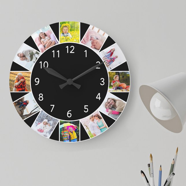 Anpassningsbar 12 Svart fotokollage-runda Stor Klocka (Photo clock with 12 photos, one at each hour. Great design for your home or a thoughtful photo gift.)