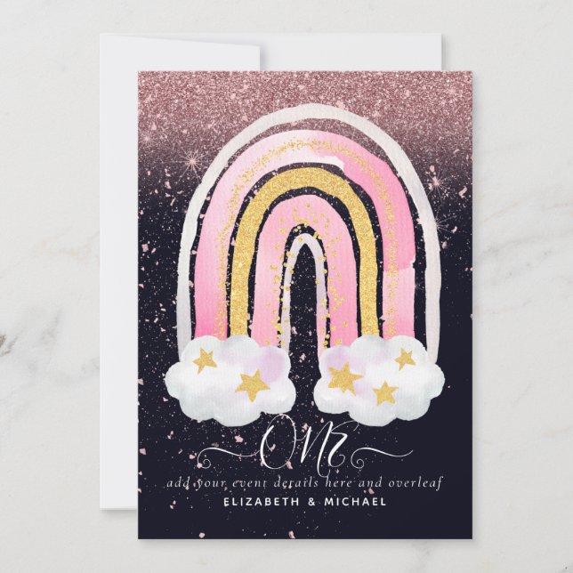 ANPASSNINGSBAR 1:a BIRTHDAY Girly Rosa Guld Glitte (Framsida)