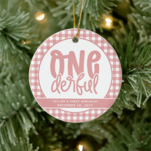 Anpassningsbar 1:a födelsedag Cute Pastel Rosa One Julgransprydnad Keramik