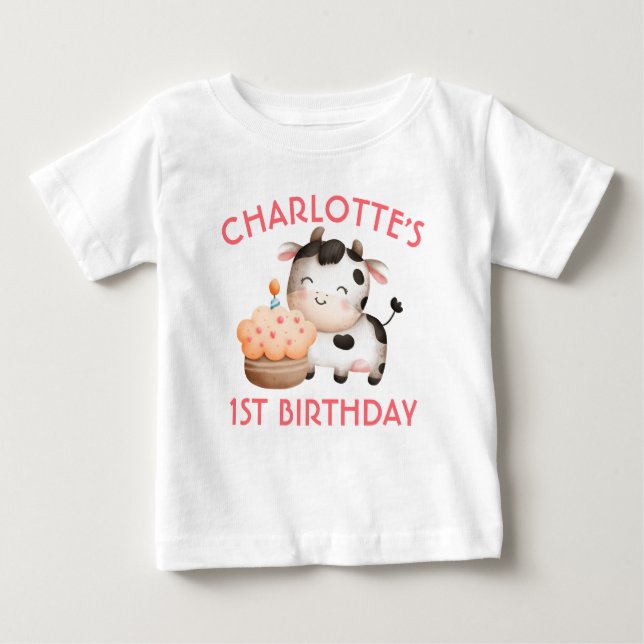 Anpassningsbar 1 Kow Moos första födelsedag Baby T Shirt (Framsida)