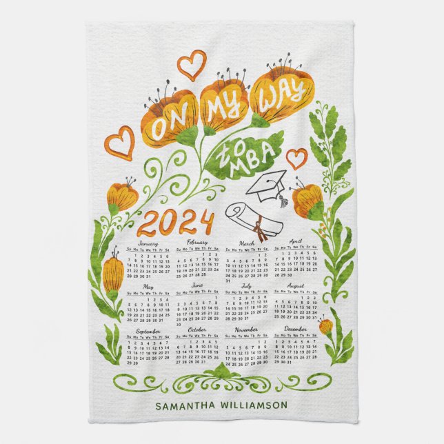 Anpassningsbar 2024 Kalender MBA Student Orange Bl Kökshandduk (Vertikal)