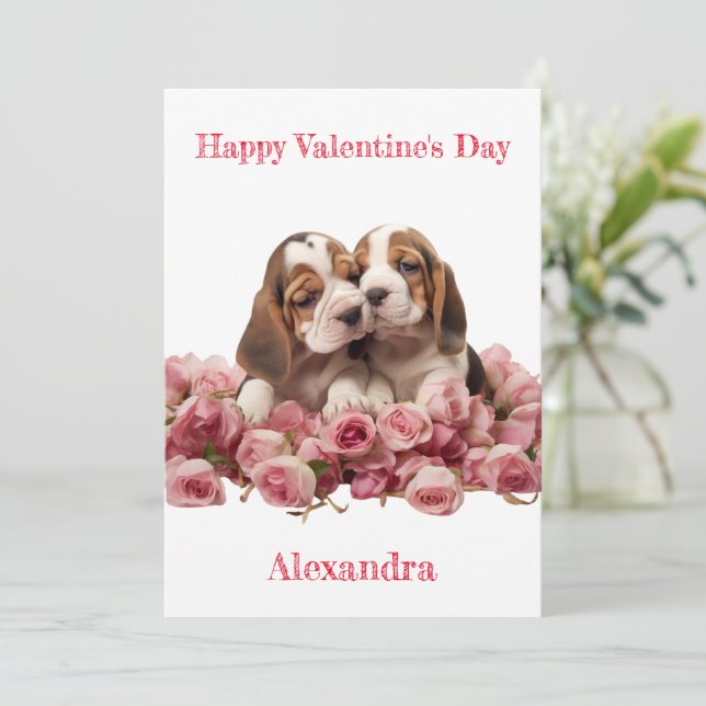 Anpassningsbar 2 Basset Hound Puppies Valentine Julkort (Stående Fram)