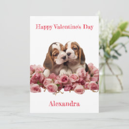 Anpassningsbar 2 Basset Hound Puppies Valentine Julkort