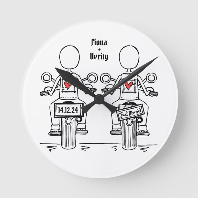 Anpassningsbar 2 Brides Biker Motorcykel Bröllop C Rund Klocka (Framsida)