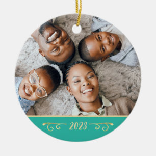 Anpassningsbar 2 Foto 2-sidig familjefoto Teal Gul Julgransprydnad Keramik
