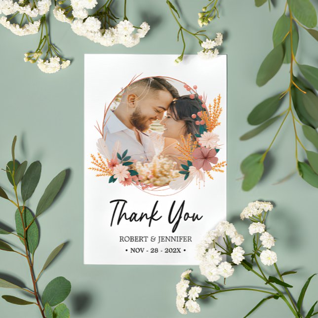 Anpassningsbar 2-foto | Boho Blommigt Wildblomma B Tack Kort (Boho Floral Wildflower Wedding Thank You Card
)