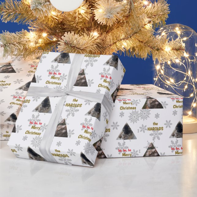 Anpassningsbar 2 Pet Photo Festive jul Snö Flakes Presentpapper (Helgdagar)