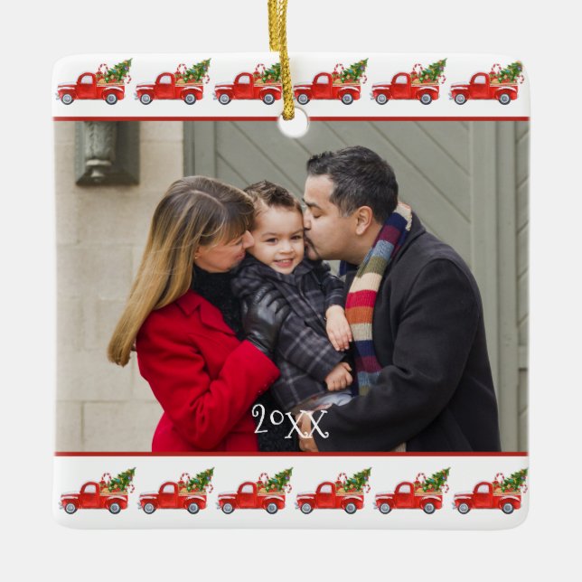 Anpassningsbar 2-sidig familjefoto Red Lastbil jul Julgransprydnad Keramik (Framsida)