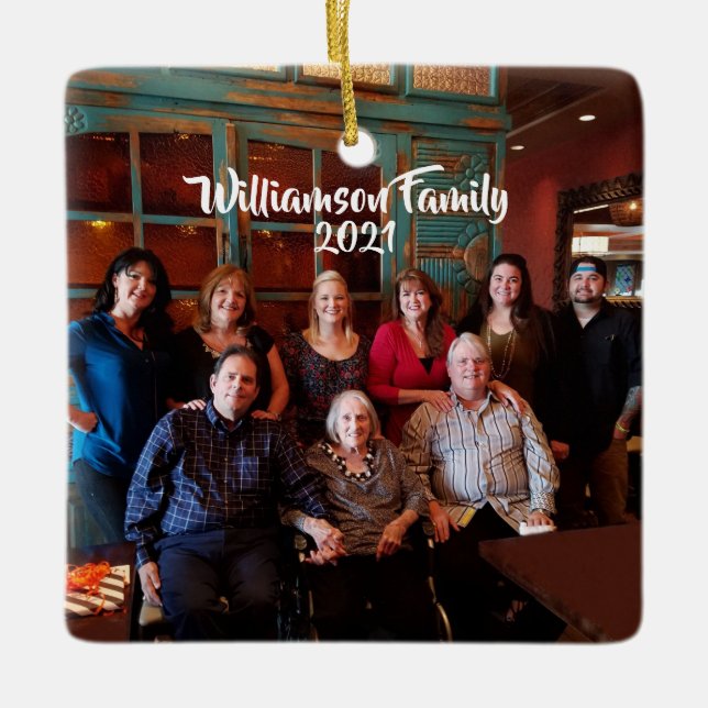 Anpassningsbar 2-sidig fotovit skript - jul i fami julgransprydnad keramik (Framsida)