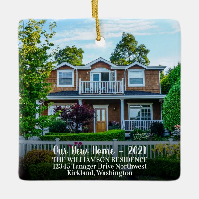 Anpassningsbar 2-sidig ny hemfoto med år, Namn Julgransprydnad Keramik (Framsida)