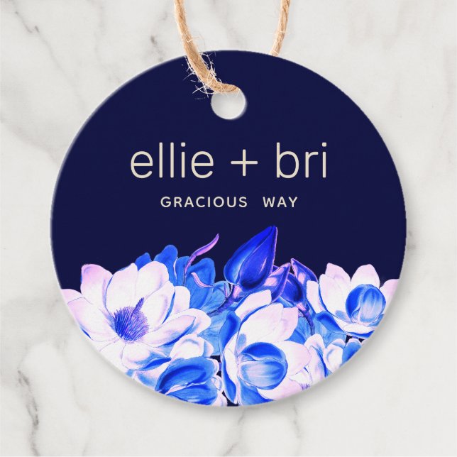 Anpassningsbar 2-tums Round Blue Navy Magnolia-Blo Gåvor Etiketter (Framsida)
