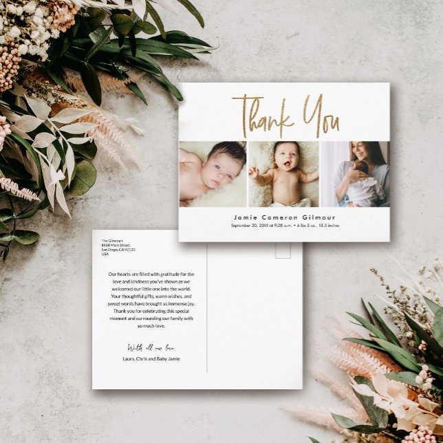 Anpassningsbar 3 Baby Photos Guld-skript födelse T Vykort (Gold Script thank you 3 photo birth announcement shower thank you postcards.)