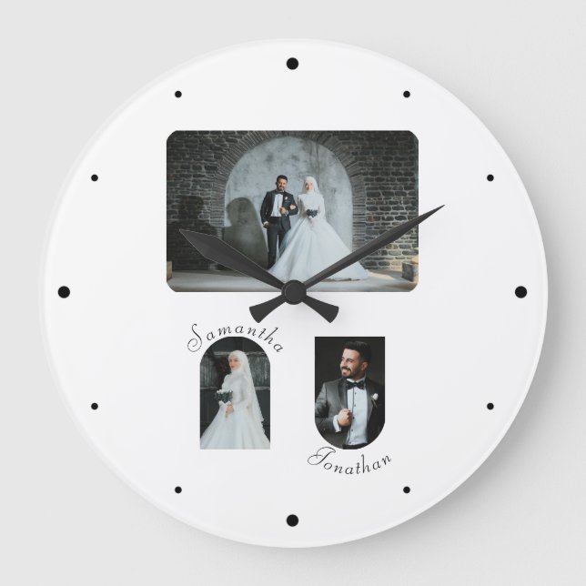 Anpassningsbar 3 Foto Bröllop par Wall Clock Stor Klocka (Framsida)