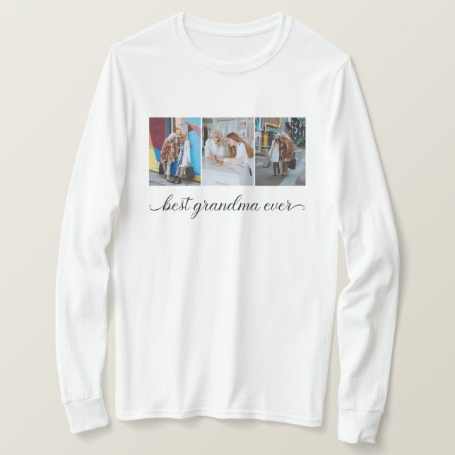 Anpassningsbar 3 Fotokollage Best Grandma Aldrig W T Shirt (Design framsida)