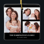 Anpassningsbar 3-sektionerna Family Photo Collage  Julgransprydnad Keramik<br><div class="desc">Fungerande arrangemang av fyra familjefollor som är uppdelade i tre delar med porträtt-rektangeln ram på den lämnat och två svarta landskapsrektangeln ramar på högerna med en text på undersidan. Anpassa den med egna foton och texter. Perfekt en anpassningsbar gjorde en gåva till dina kära.</div>