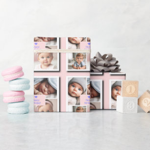 Anpassningsbar 4-foto Baby födelsedag, dusch, Rosa Presentpapper