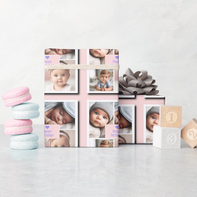 Anpassningsbar 4-foto Baby födelsedag, dusch, Rosa Presentpapper (Baby Shower)