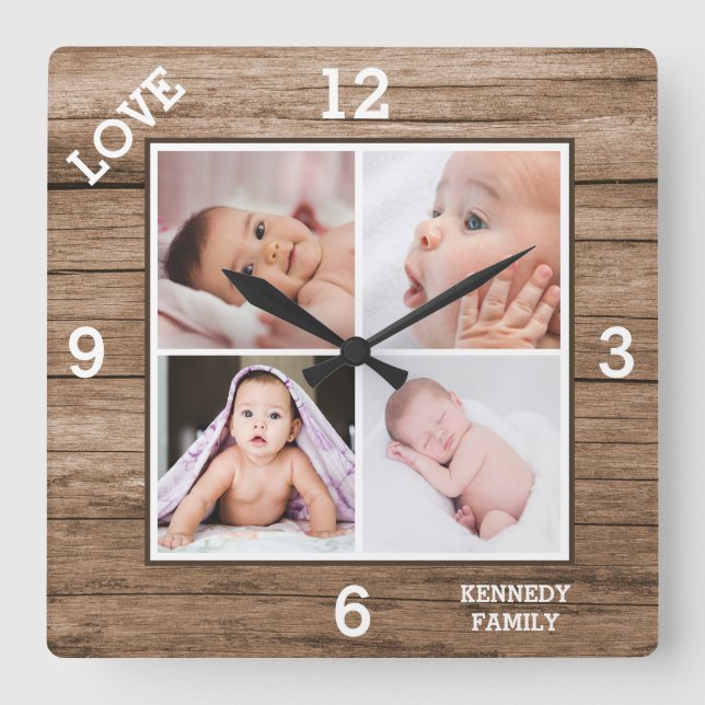 Anpassningsbar 4 Fotokollage Family Namn Kärlek Wo Fyrkantig Klocka (Framsida)
