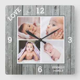 Anpassningsbar 4 Fotokollage Grått Wood Family Kär Fyrkantig Klocka