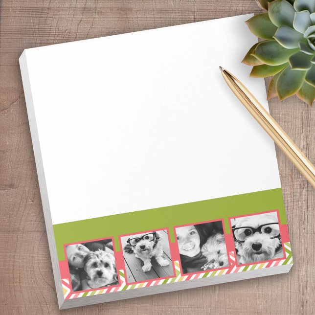 Anpassningsbar 4 Fotokollage Lime and Coral Chevro Anteckningsblock (Personalized notepad - great for a gift or your home office)