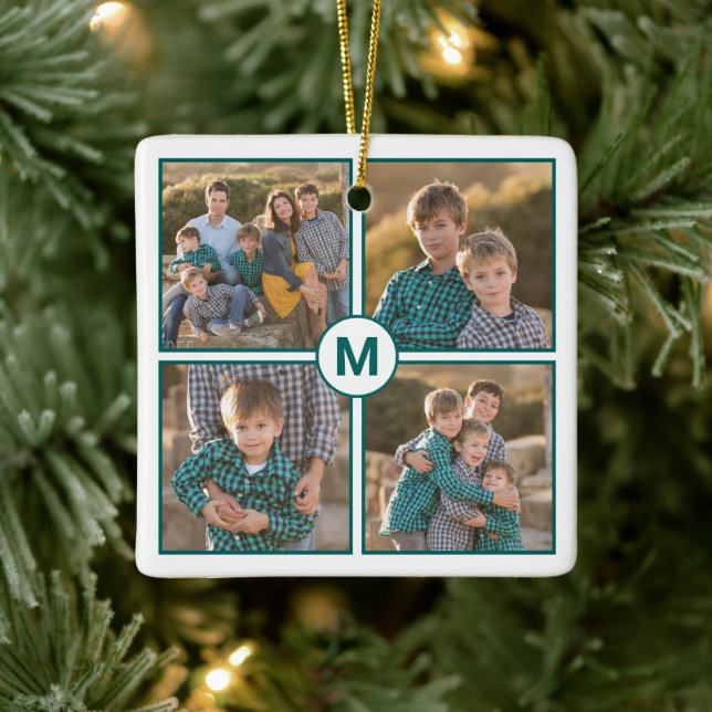 Anpassningsbar 4 Fotokollage med Teal Monogram Julgransprydnad Keramik (Träd)