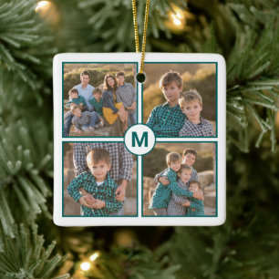 Anpassningsbar 4 Fotokollaps med Teal Monogram Julgransprydnad Keramik