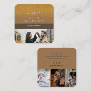 Anpassningsbar 4 Foton Guld Glitter Monogram Brown Fyrkantigt Visitkort