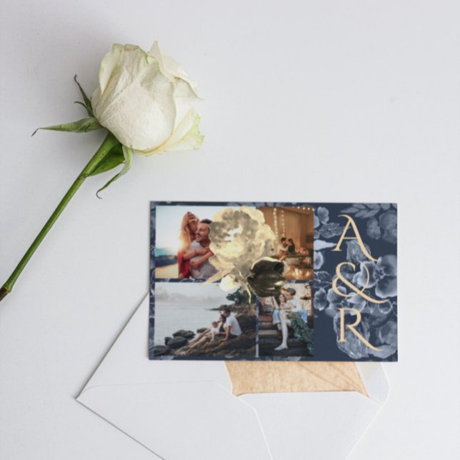 Anpassningsbar 4 Foton, marinblå gyllene Blommigte Inbjudningar (Skapare uppladdad)