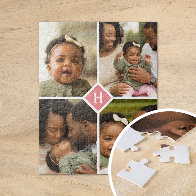 Anpassningsbar 4 Photo Collage Family Monogram | K Pussel (Skapare uppladdad)