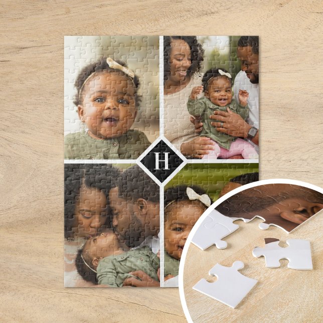 Anpassningsbar 4 Photo Collage Family Monogram | S Pussel (Skapare uppladdad)