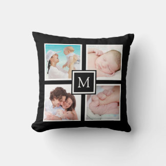 Anpassningsbar 4 Photo Collage Monogram Black Kudde