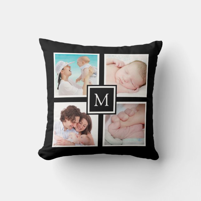 Anpassningsbar 4 Photo Collage Monogram Black Kudde (Framsida)