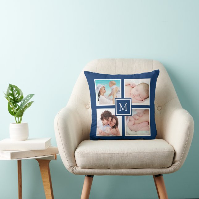 Anpassningsbar 4 Photo Collage Monogram Blue Kudde (Stol)