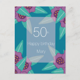 anpassningsbar 50-årsdag blommigt Blue namn modern Helg Vykort