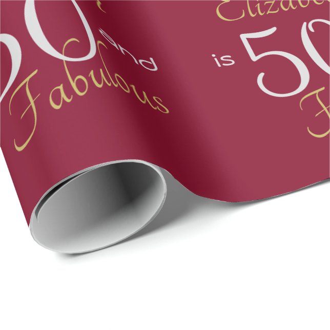 Anpassningsbar 50 och Fabulous Guld Red 50 Birthda Presentpapper (Rullad Hörn)