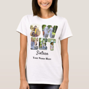 Anpassningsbar 5 foto sweet sixteen brev-formfoton t shirt